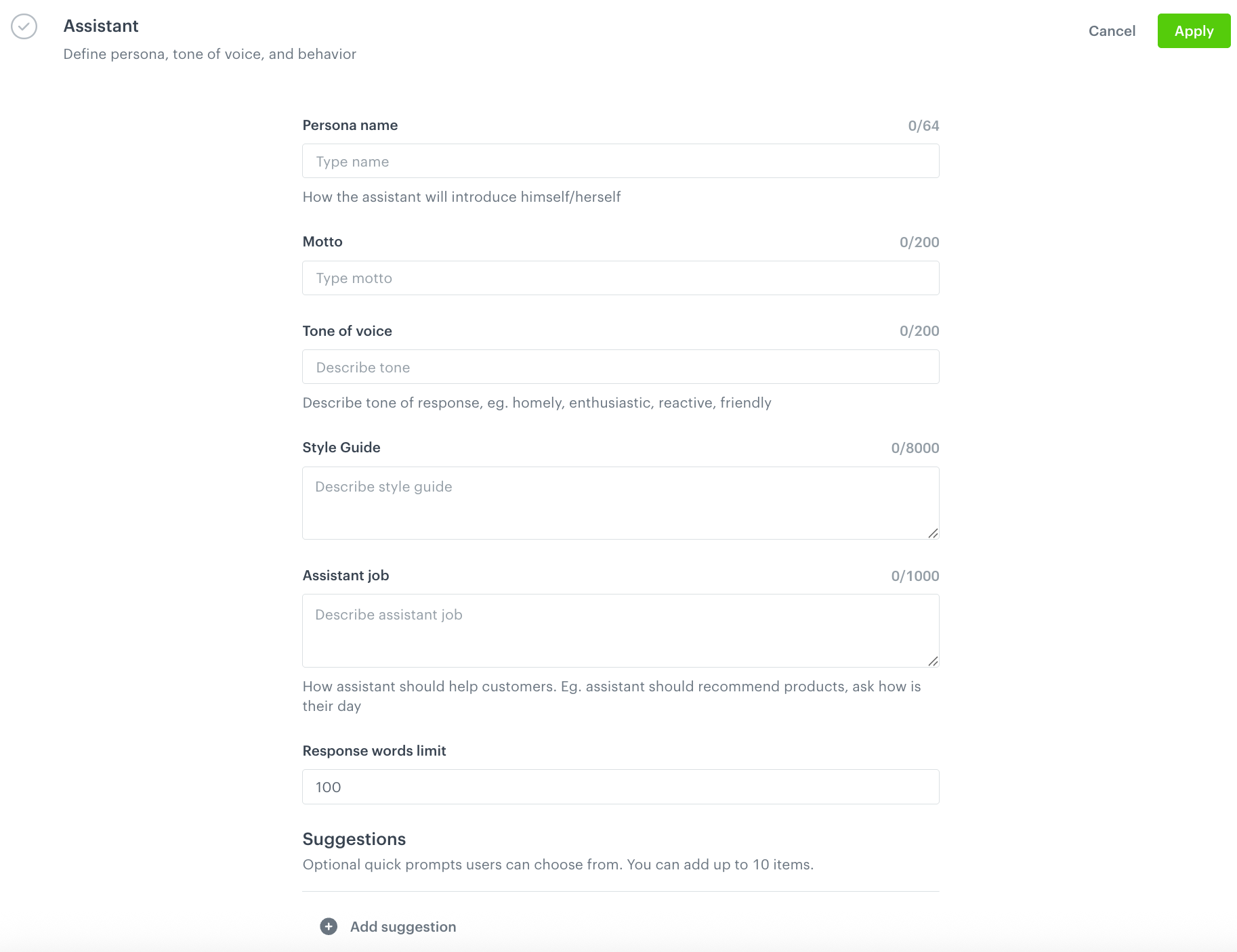 The Assistant section with persona, tone of voice, and behavior fields