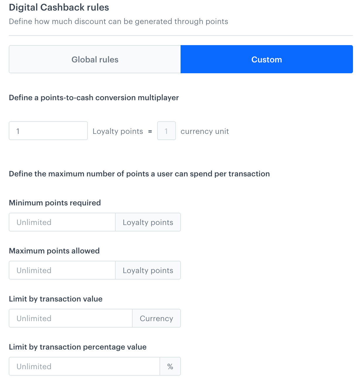 Configuration of custom cashback rules