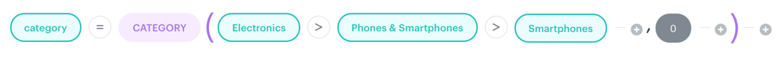 CATEGORY function example in AI Hub recommendation filter including items in Electronics > Phones and Smartphones > Smartphones and its subcategories