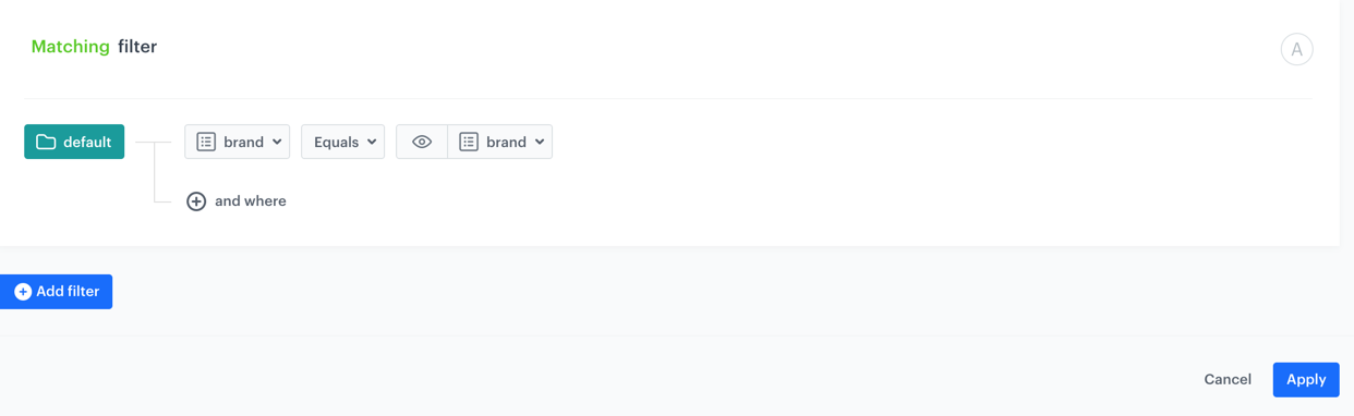 Visual builder filter in AI Hub restricting recommendations to items of the same brand as the currently viewed product