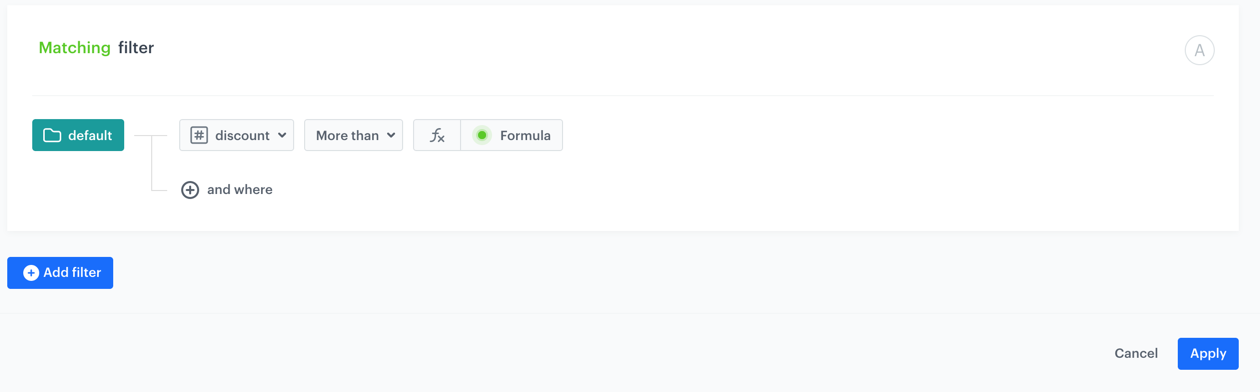 Visual builder filter in AI Hub showing items more discounted than the currently viewed product
