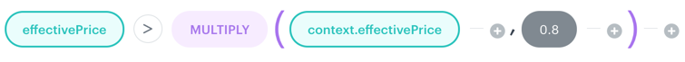 MULTIPLY function example in AI Hub recommendation filter including items whose price exceeds the currently viewed product's price multiplied by 0.8