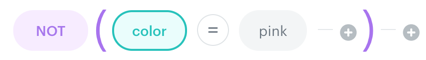 NOT function example in AI Hub recommendation filter excluding pink-colored items from recommendation results