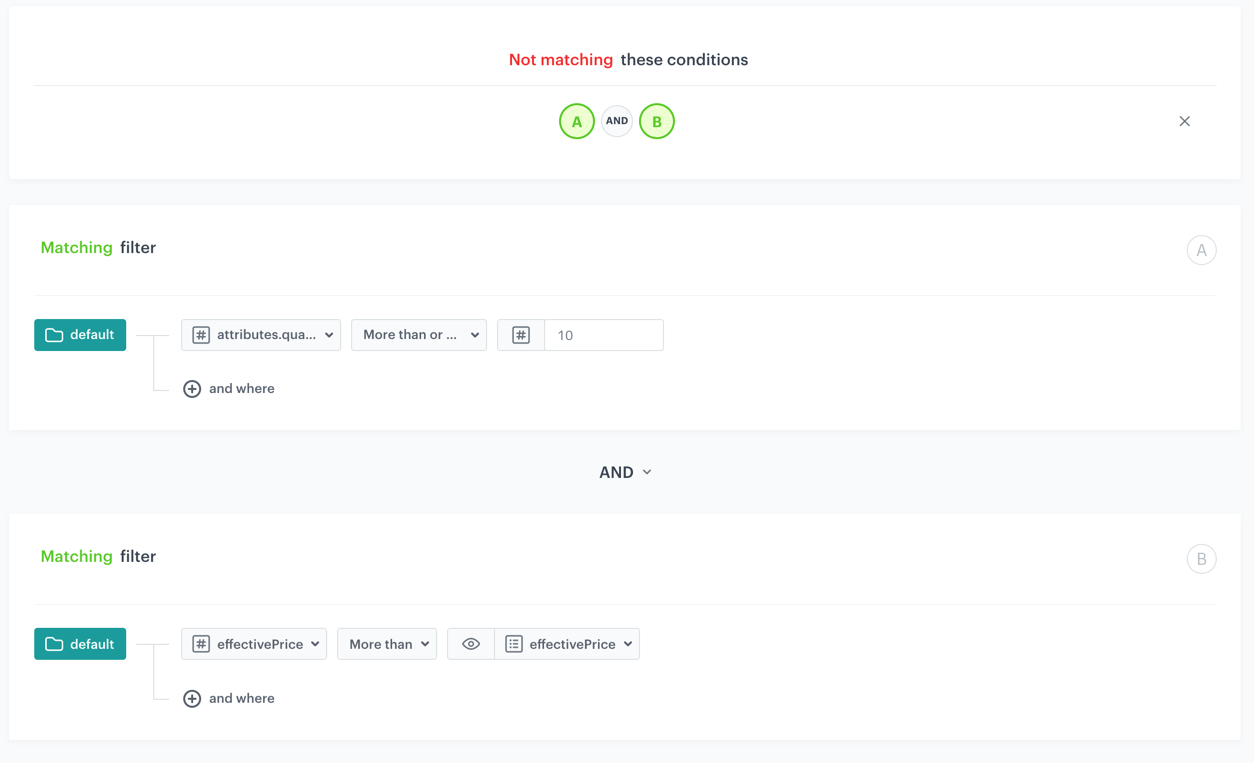 Visual Builder range filter in AI Hub comparing a numeric item attribute with an operator