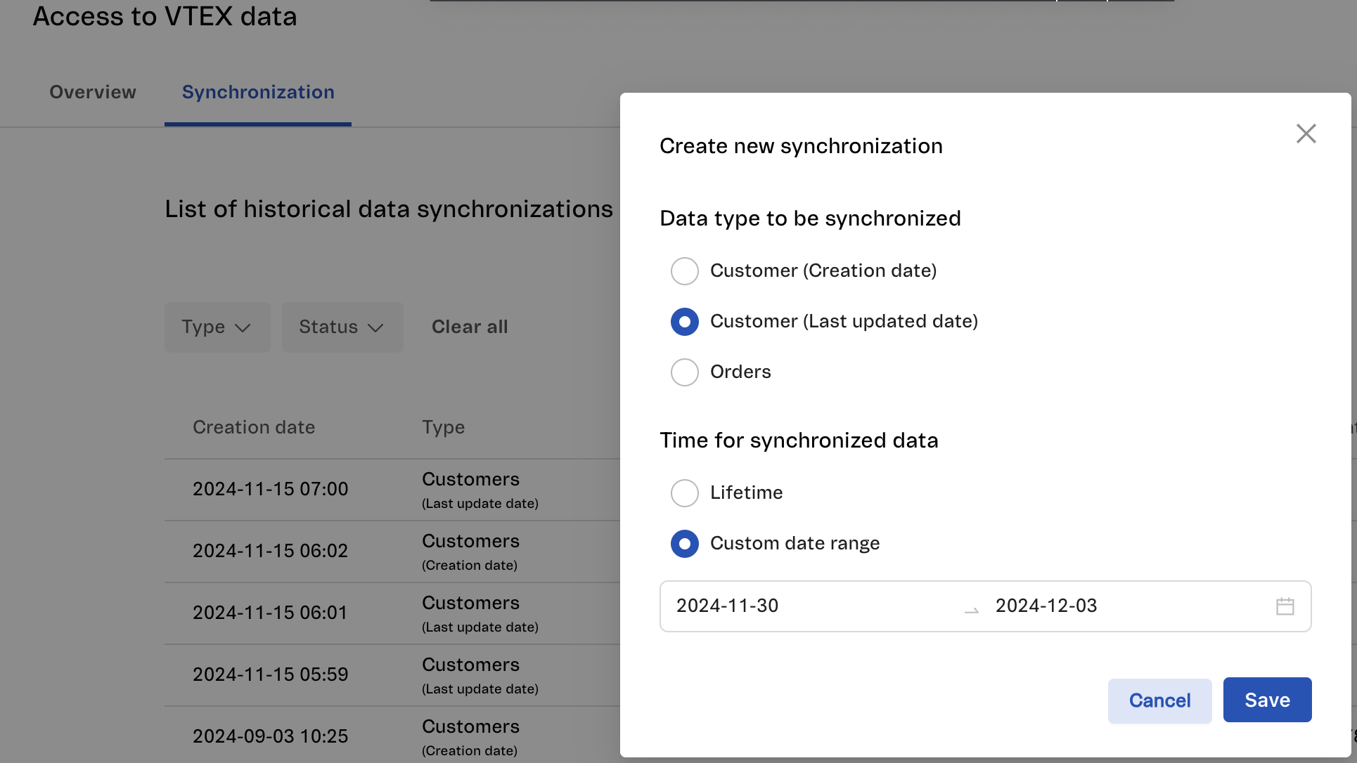New synchronization dialog in the Synerise VTEX plugin showing data scope and date range fields for scheduling a historical data export to VTEX