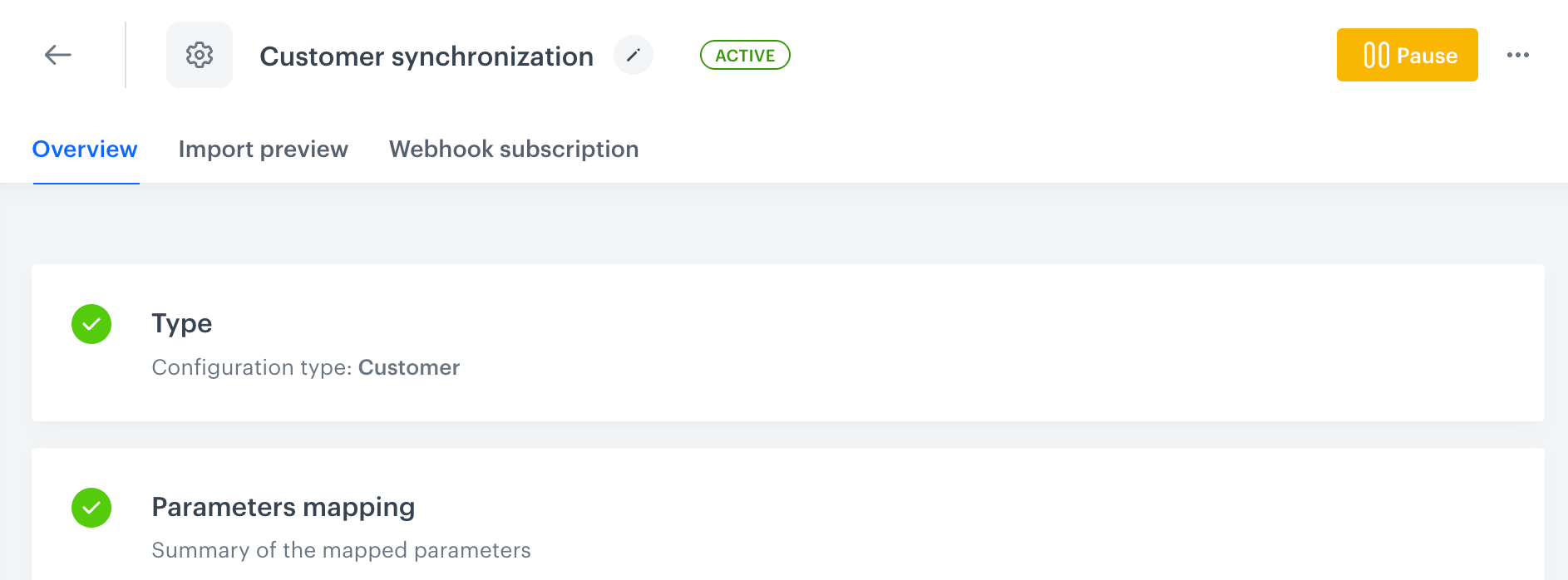An activated Customer configuration, with the Overview, Import preview, and Webhook subscription tabs