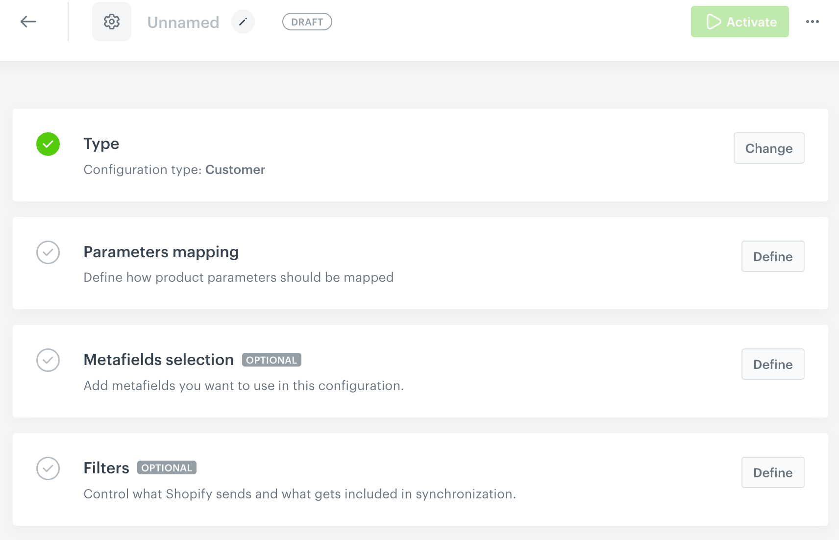 A newly created Customer configuration in Draft status, showing the Type, Parameters mapping, Metafields selection, and Filters setup steps