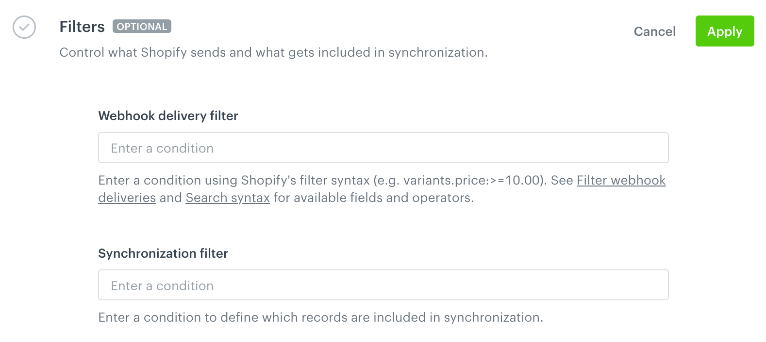 The Filters step, with the Webhook delivery filter and Synchronization filter fields