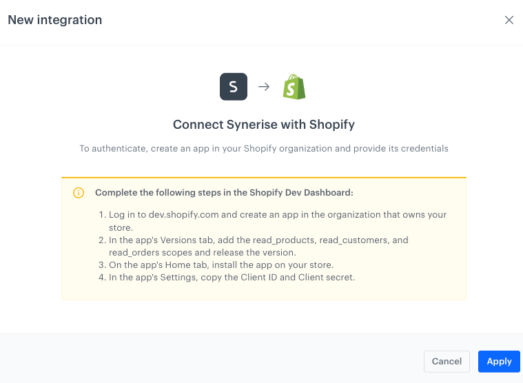 The New integration pop-up with instructions for the Shopify Dev Dashboard