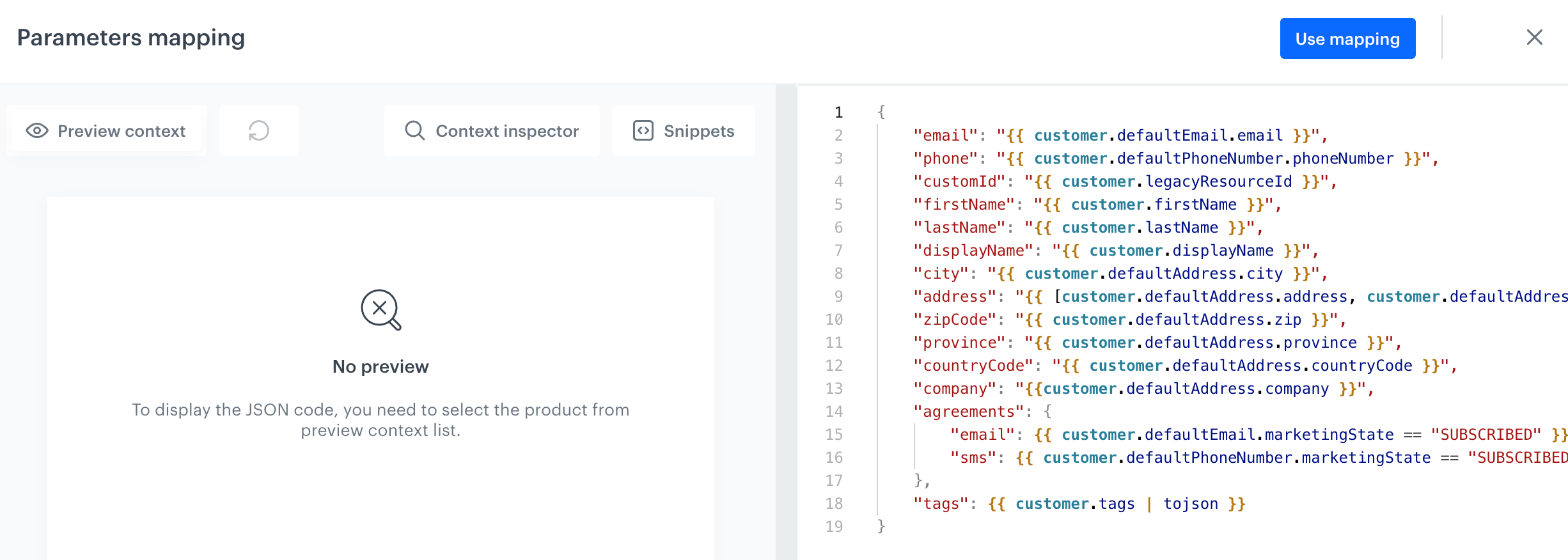The Overview tab of a Customers configuration, with the parameters mapping and mapping preview