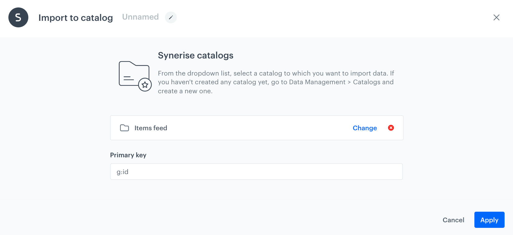 The configuration of the Import to Catalog node