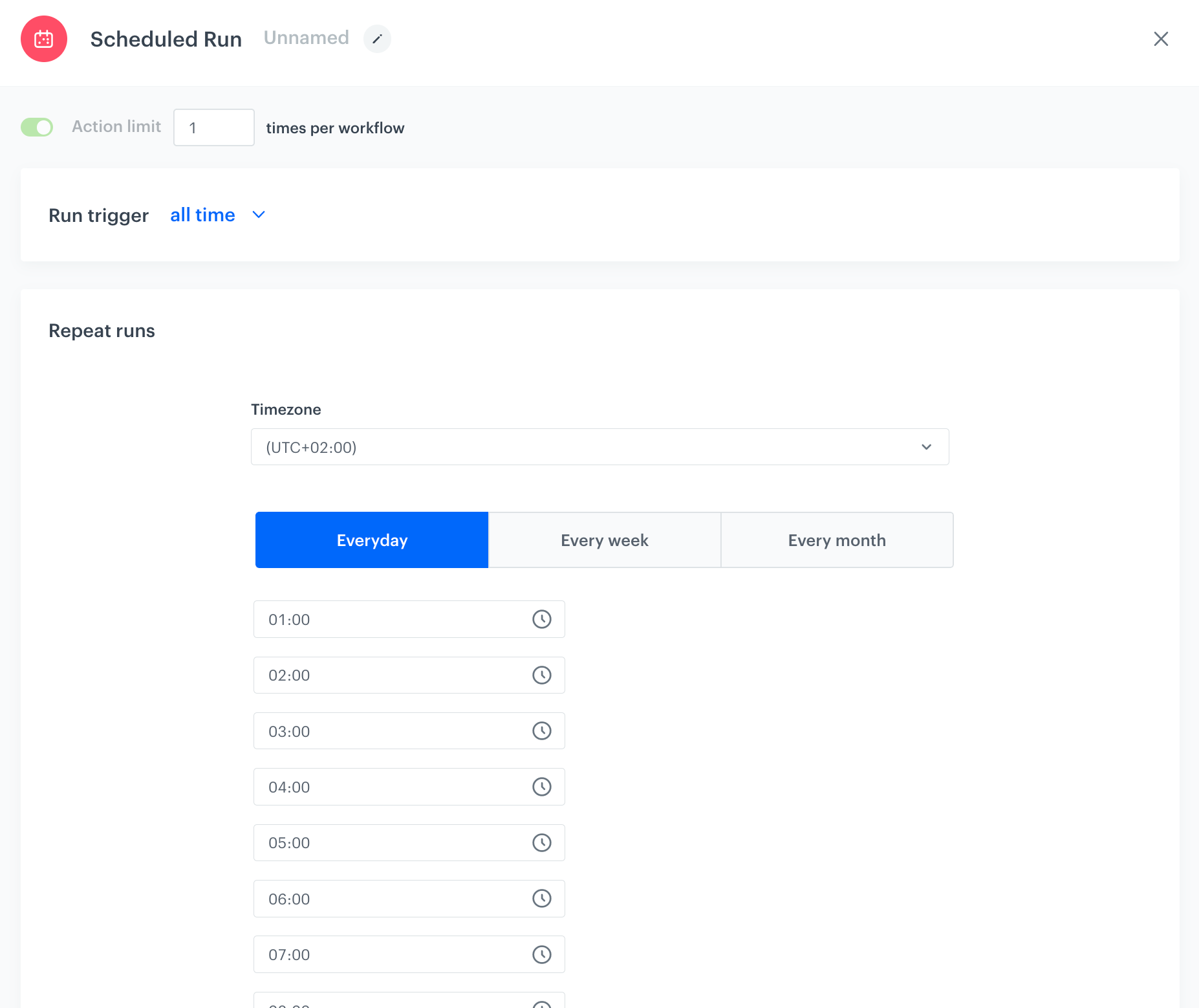 Automation Hub Scheduled Run node configuration for triggering product feed import to catalog