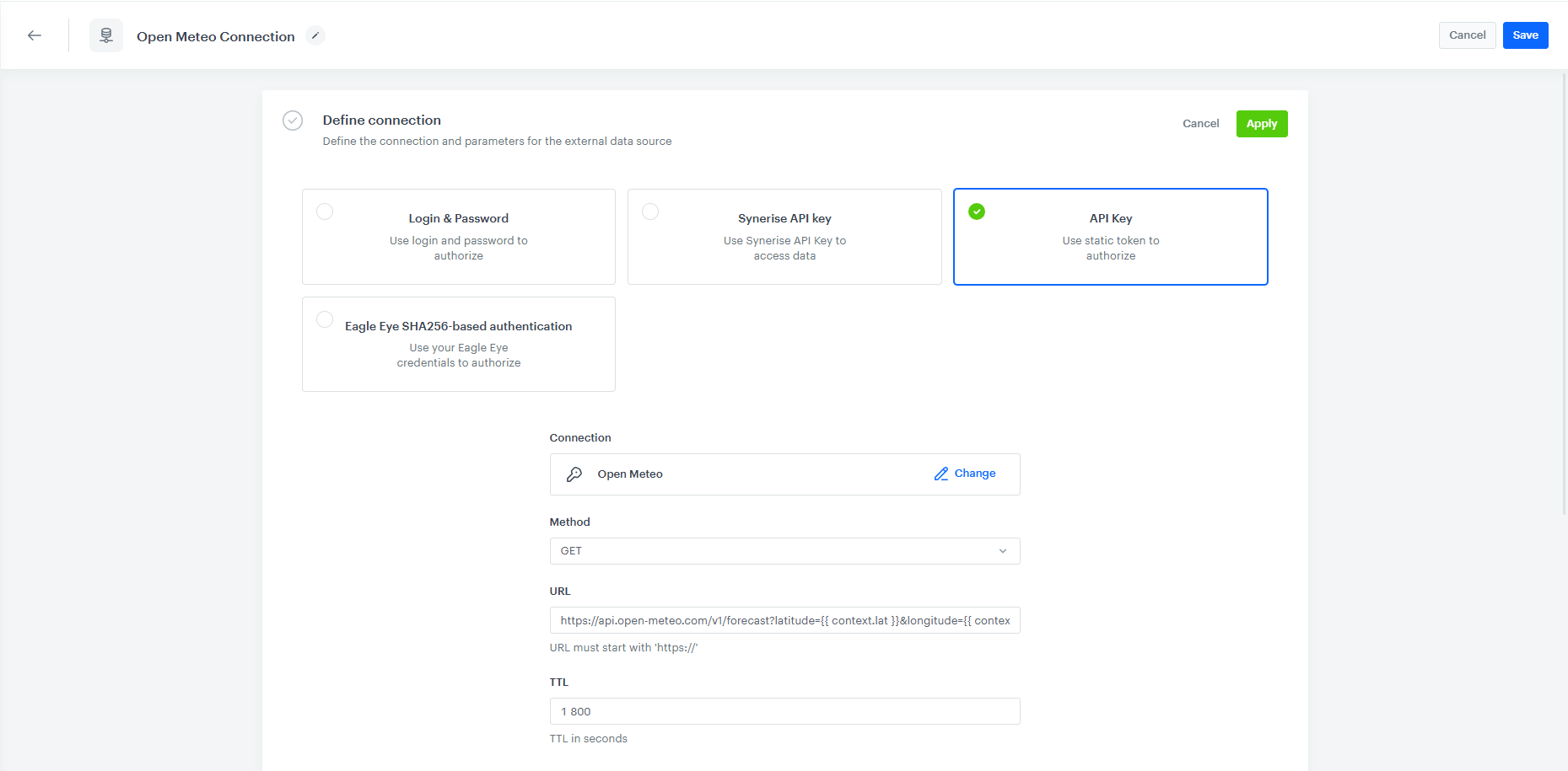 External source configuration for the weather provider