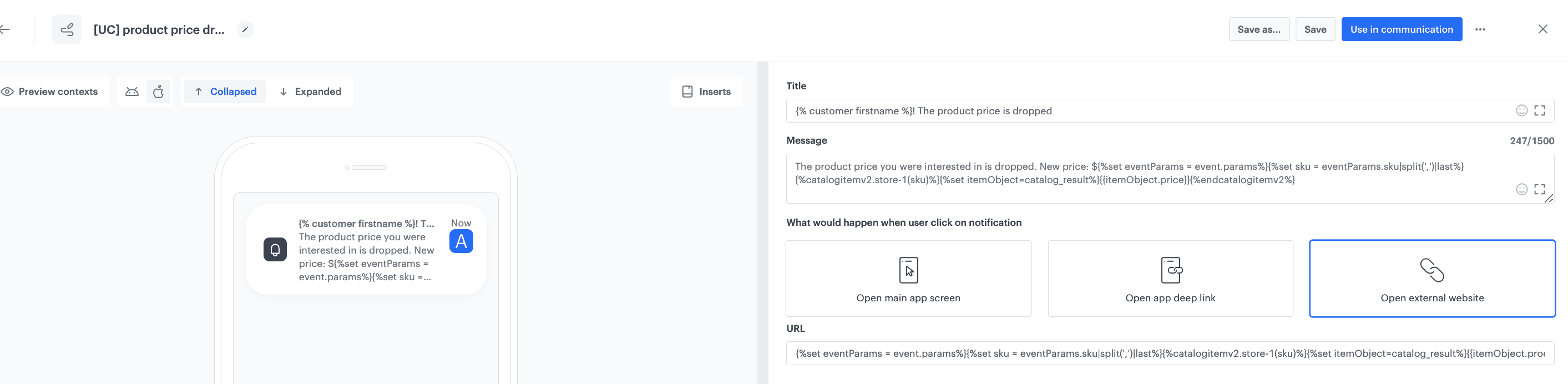 Push notification with price drop alert — Synerise Documentation