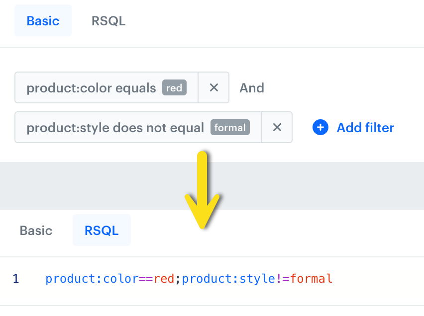 The same query in two views: Basic and RSQL editor