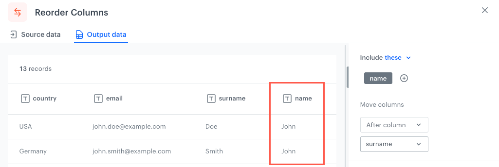 The column reordered according to the After column option