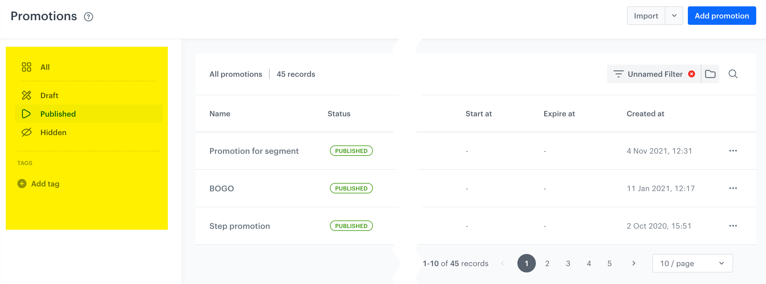 Quick filters on the list of promotions on the left side of the screen