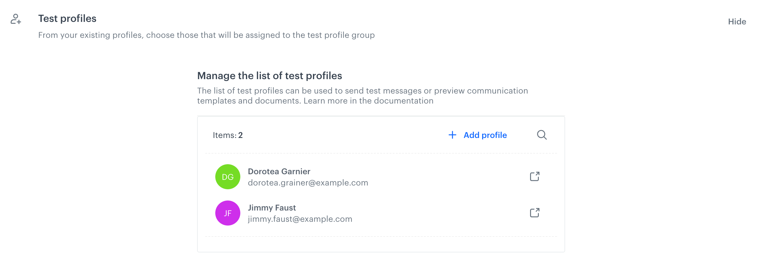 View of unconfigured test profile list