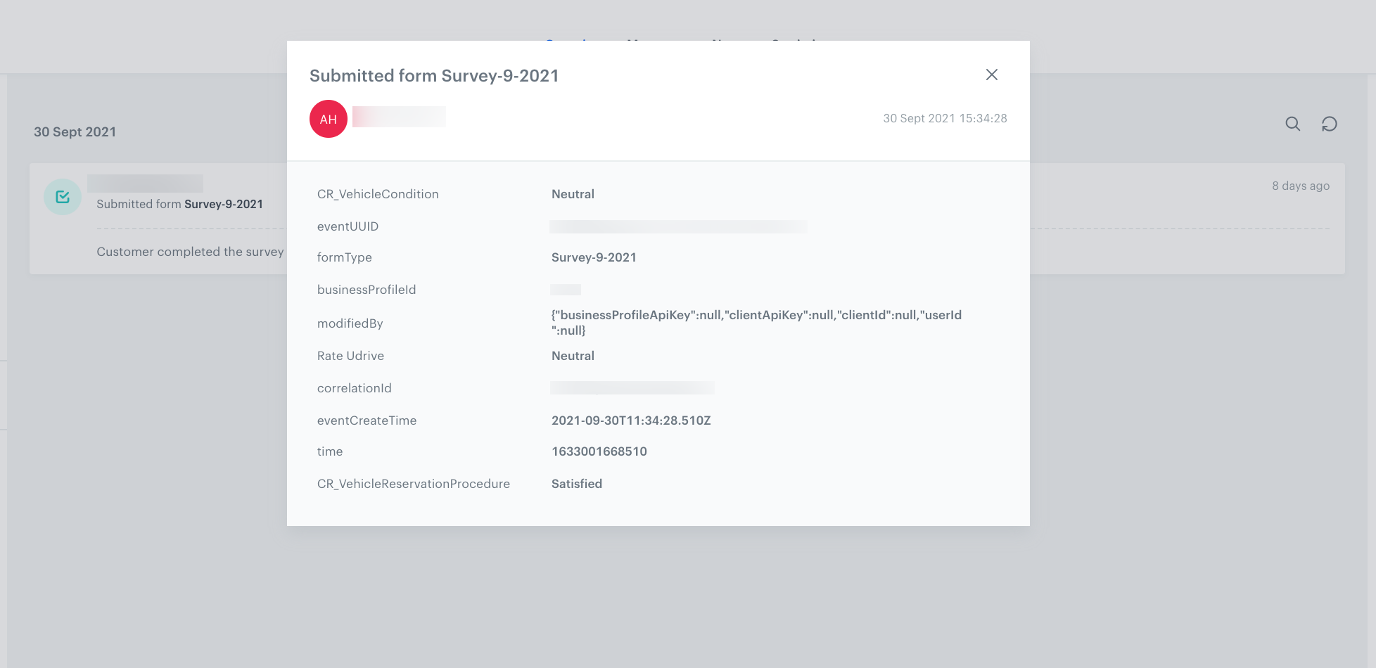 Event with survey on a customer's profile