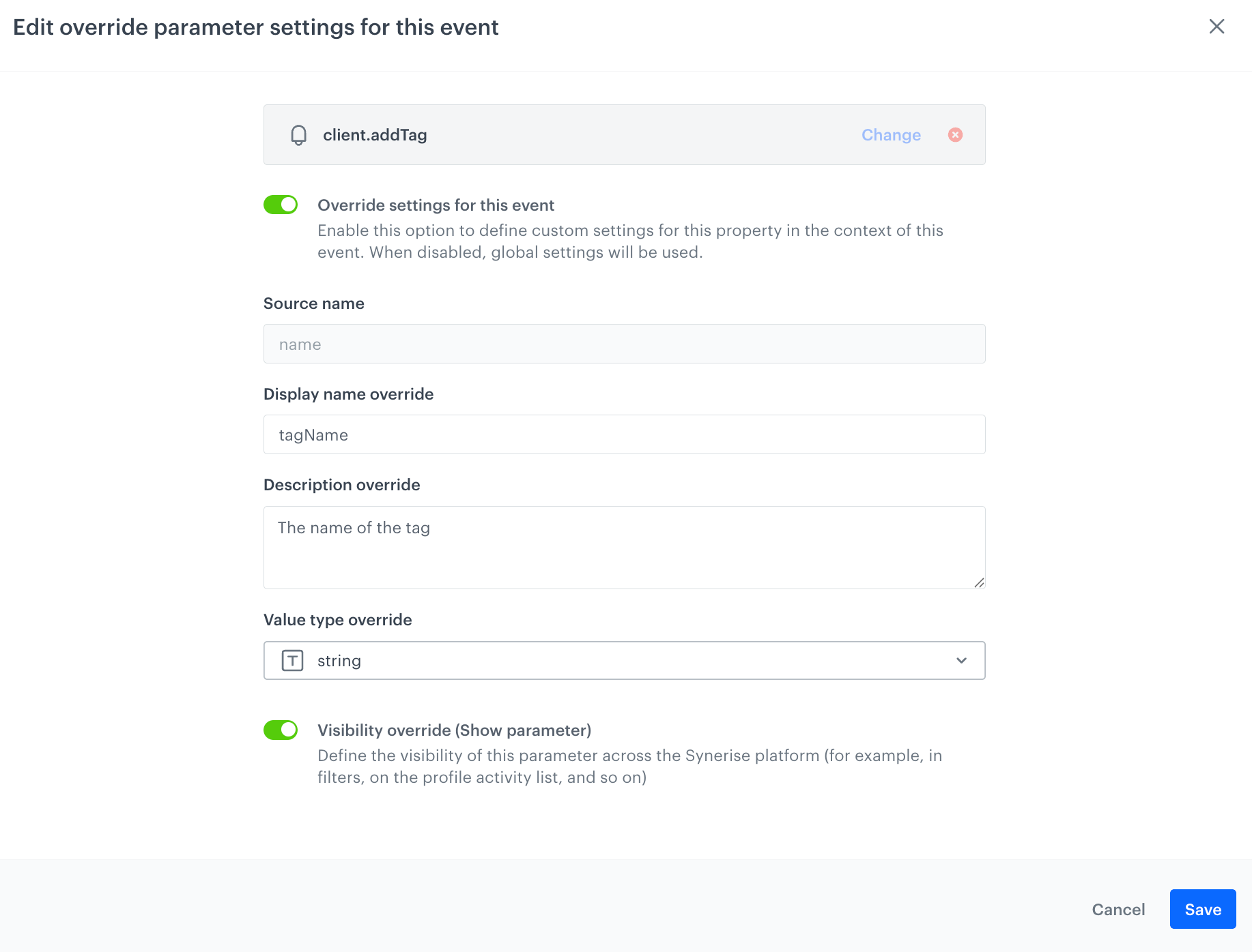 The Include event parameter and configure override pop-up