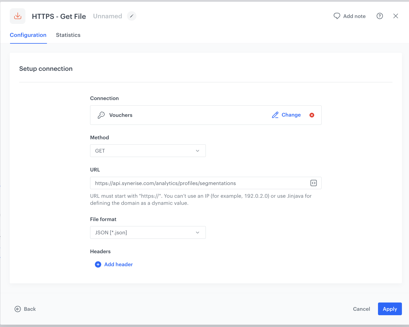 The configuration of the HTTPS - Get File node retrieving the list of segmentations
