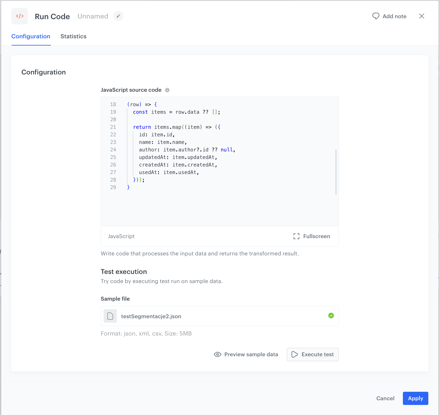 The configuration of the Run Code node transforming the segmentations API response into rows