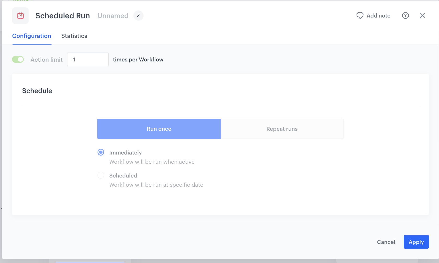 The configuration of the Schedule Run triggering node