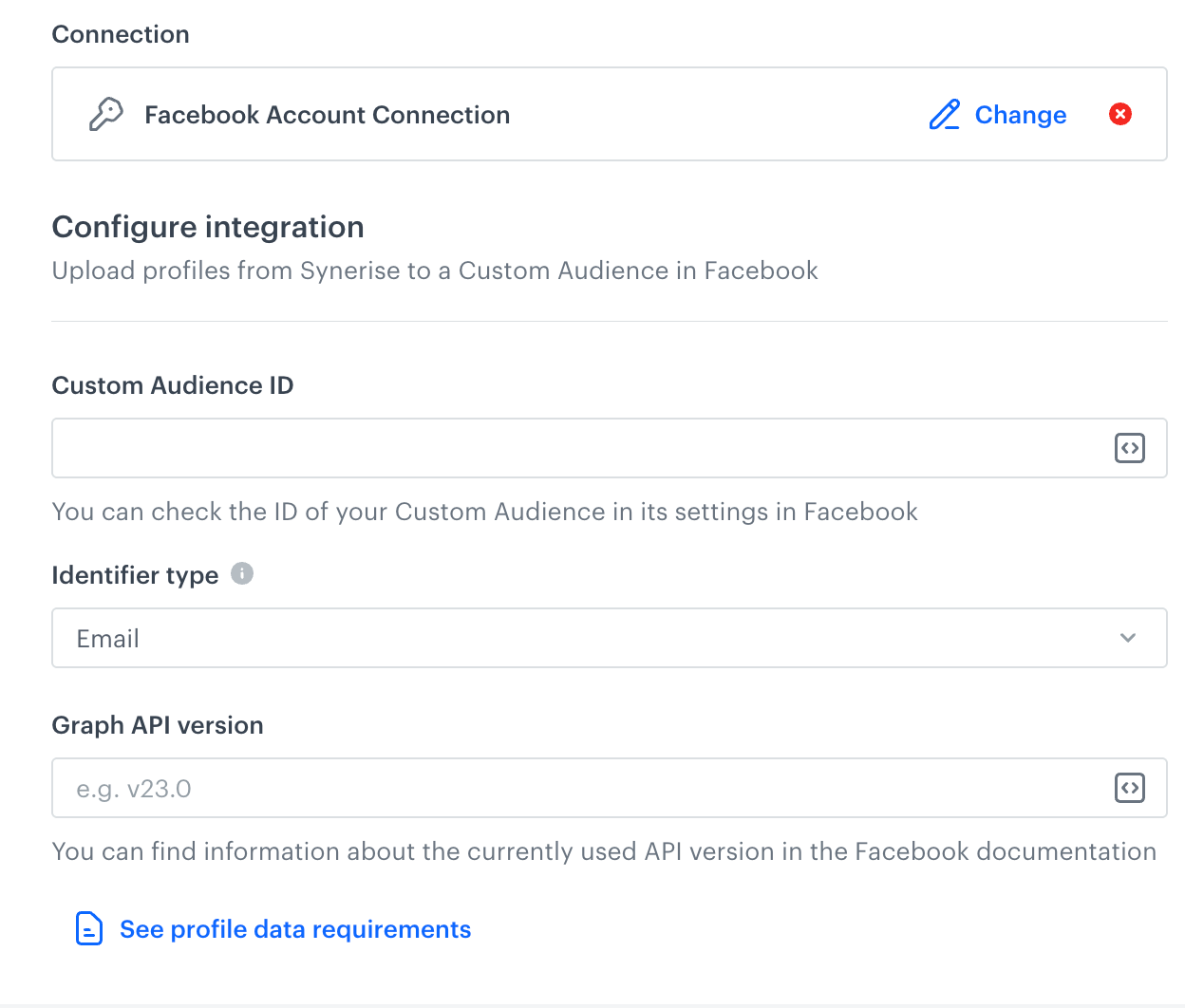 A configuration form in Upload Profiles to Custom Audience with Connection, Custom Audience ID, Identifier type, and Graph API version fields