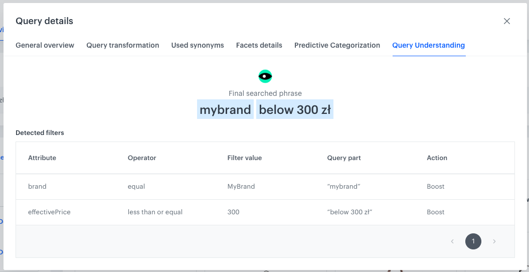 Example of detected filters in the Query Understanding tab of Query details