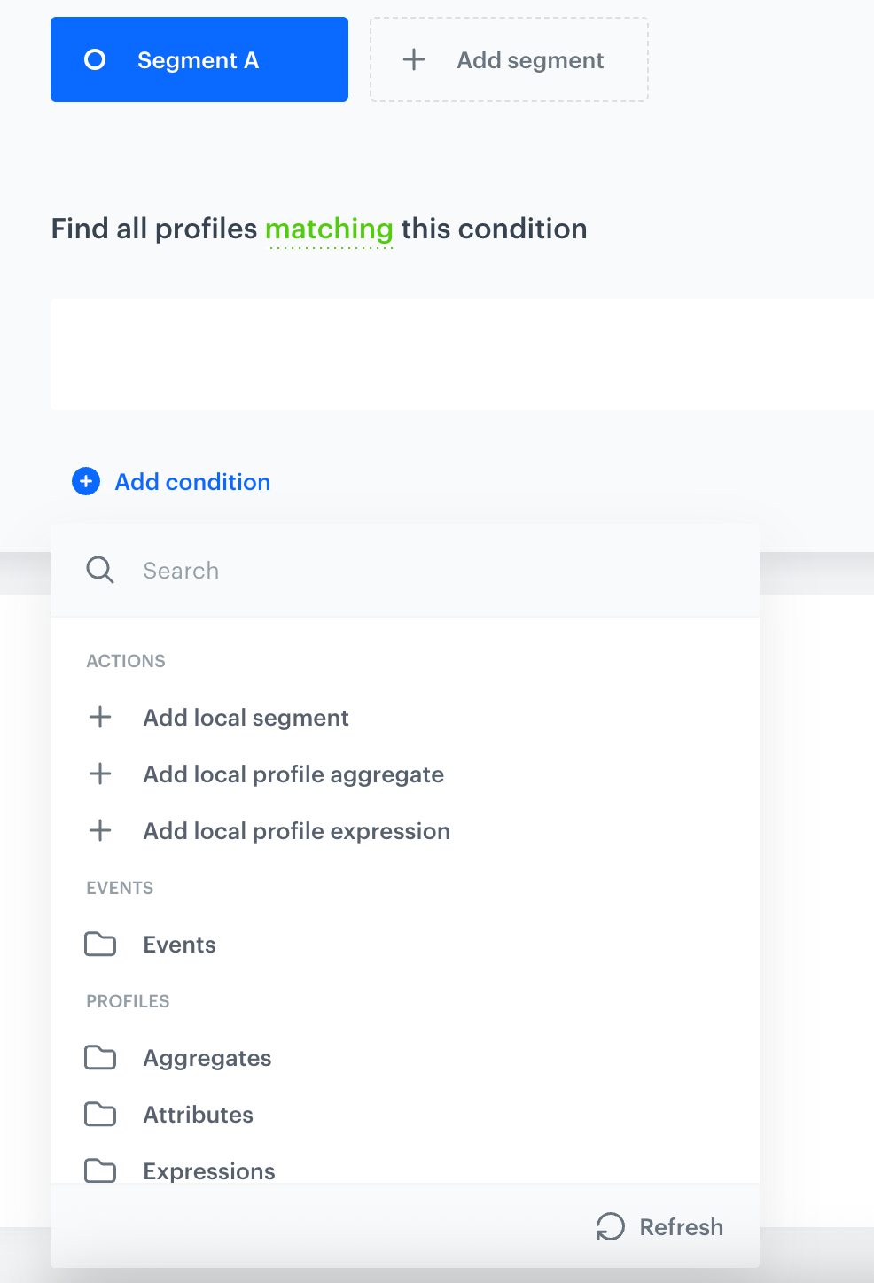 Search panel opened from Add condition in a segmentation, with an Actions section listing Add local segment, Add local profile aggregate, and Add local profile expression