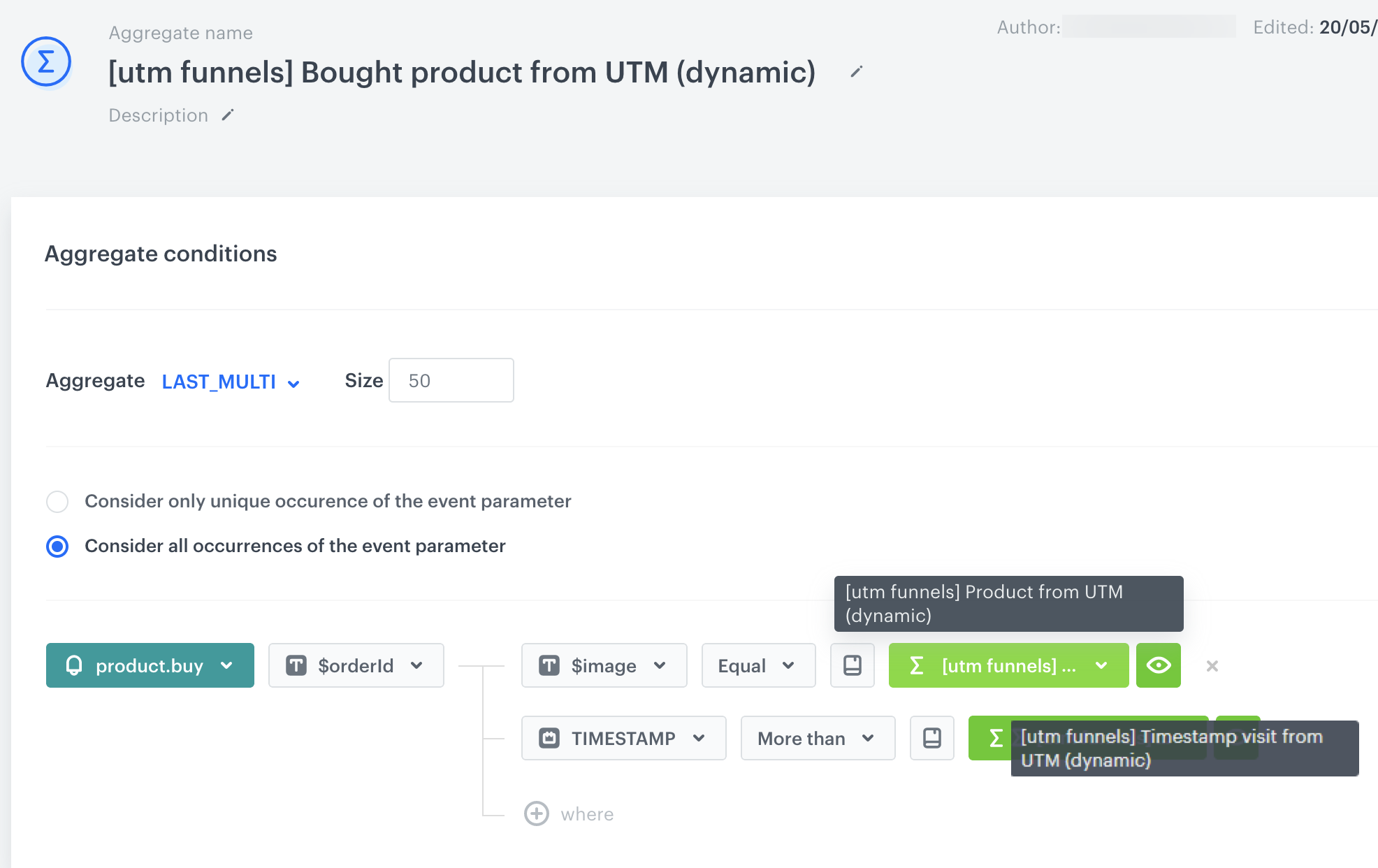 Decision Hub Last Multi aggregate returning product.buy order IDs filtered by UTM campaign product image and visit timestamp using previous aggregates