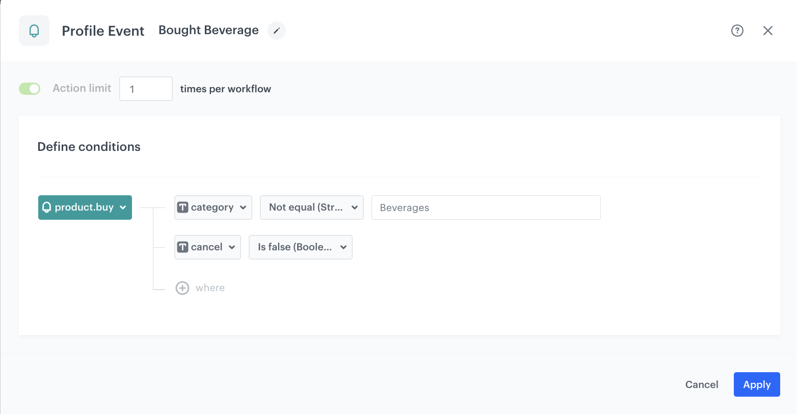 Automation Hub Profile Event node configured with product.buy event filtering out canceled items