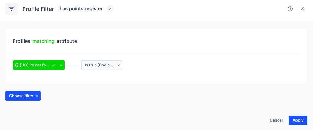 Automation Hub Profile Filter node checking customer segmentation for existing loyalty points
