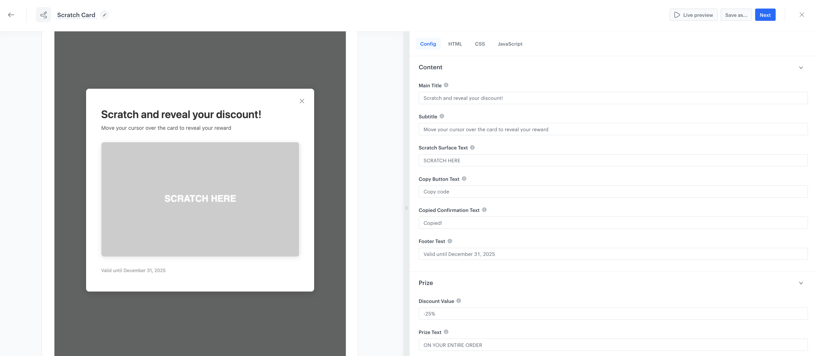 In-app dynamic content Config tab settings for a scratch card campaign