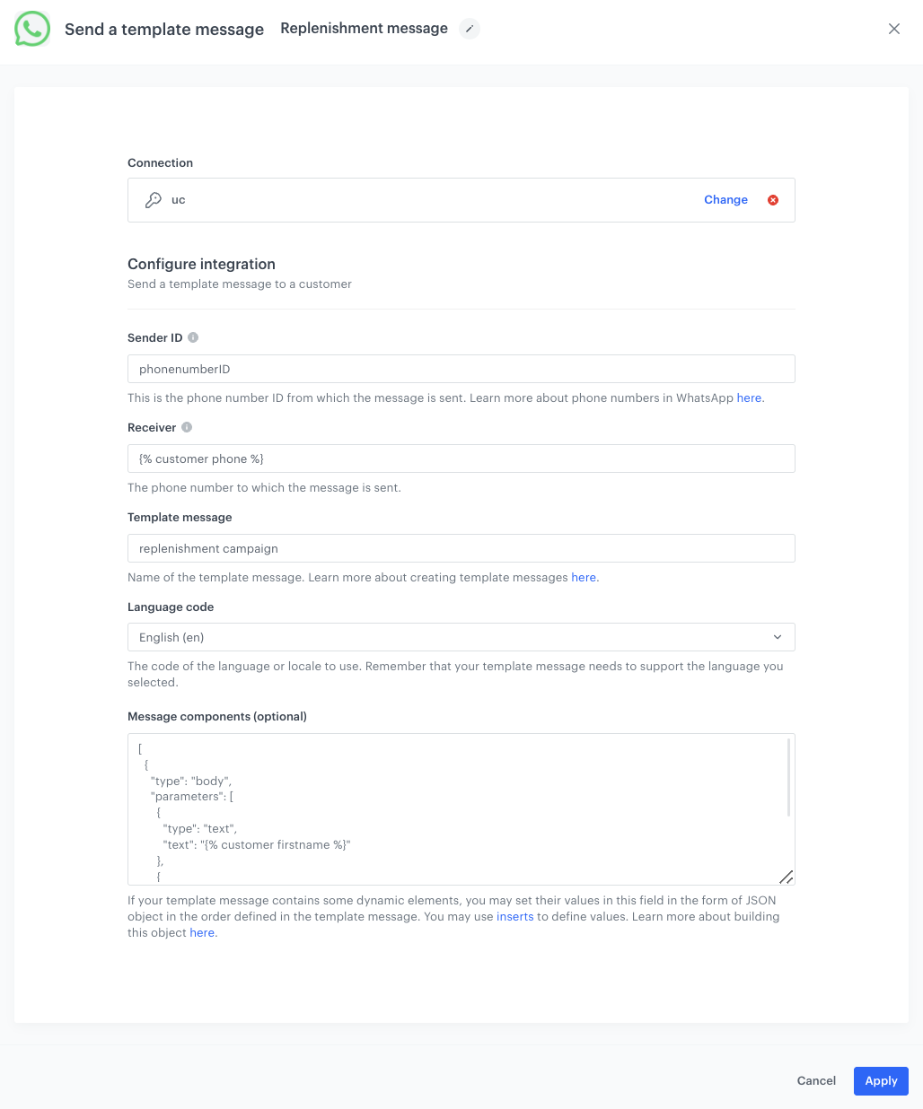 Automation Hub workflow for sending a replenishment WhatsApp message