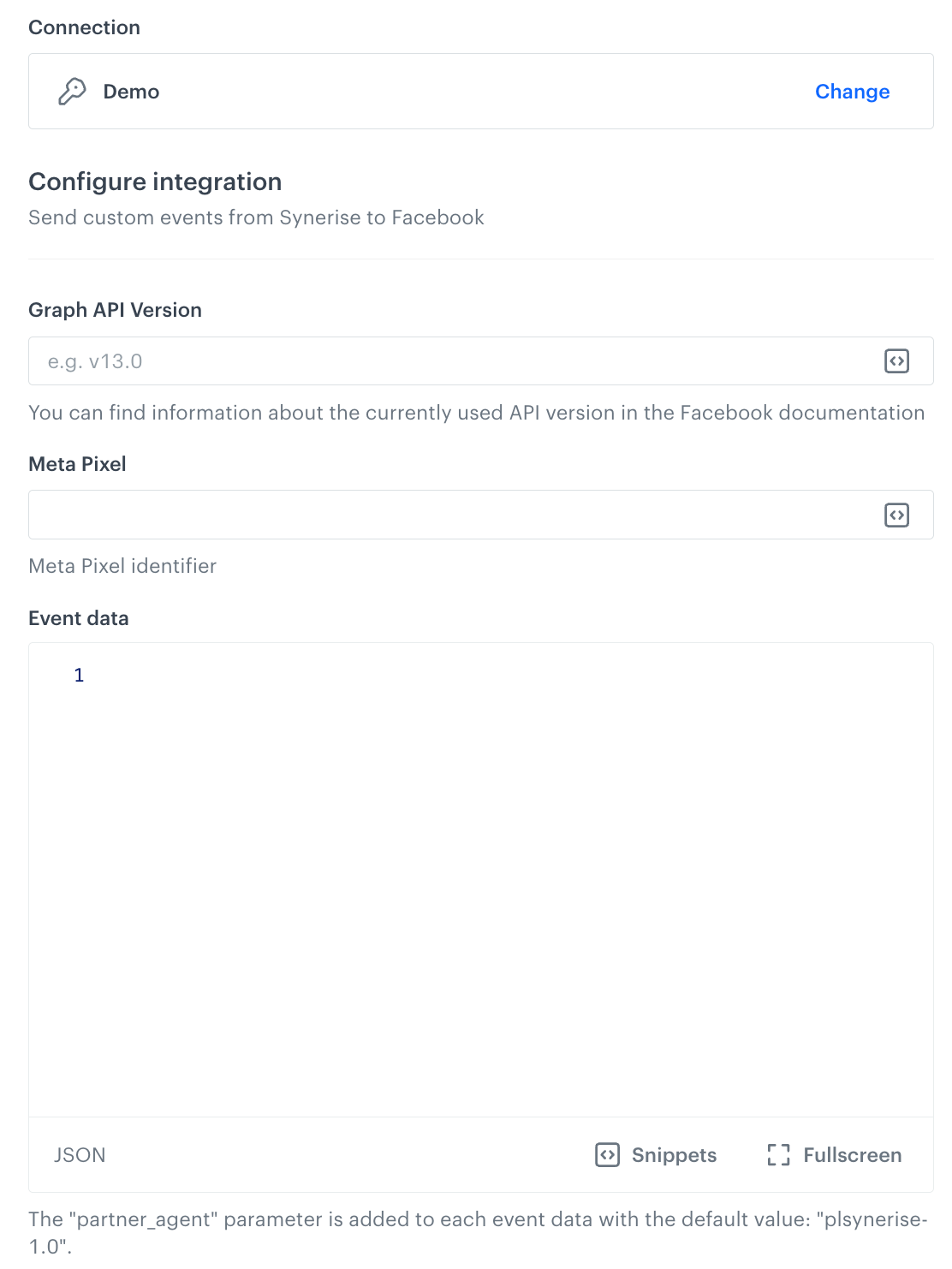A blank configuration form in Send Custom Event (Facebook)