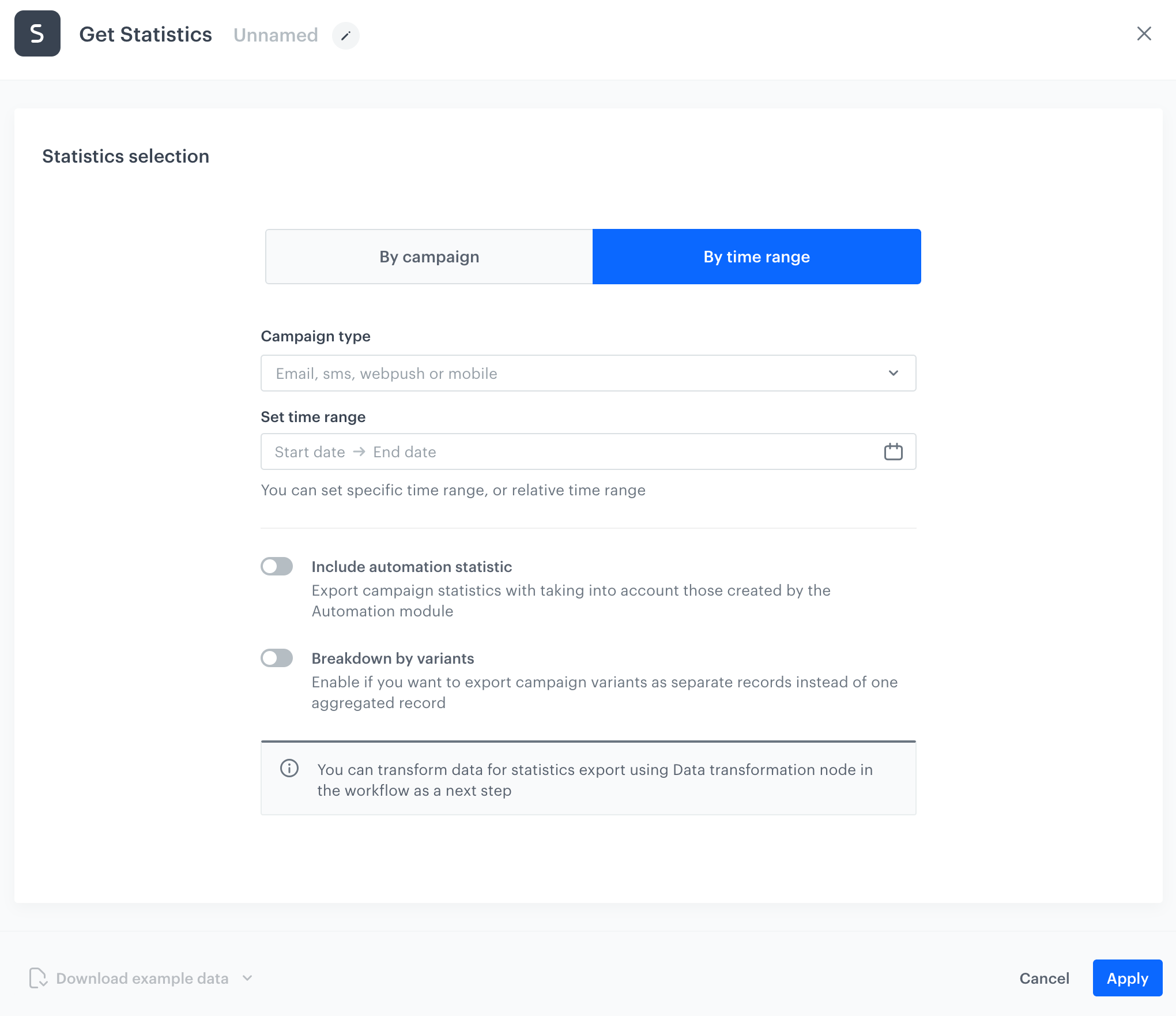 Blank configuration form in the By time range tab