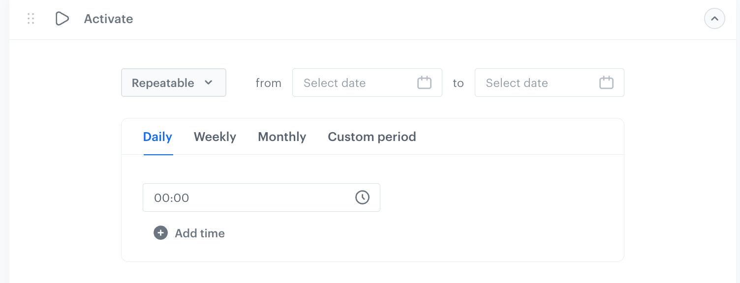 Repeatable Activate rule with the from and to date fields, the Daily, Weekly, Monthly, and Custom period tabs, and a time field set to 00:00