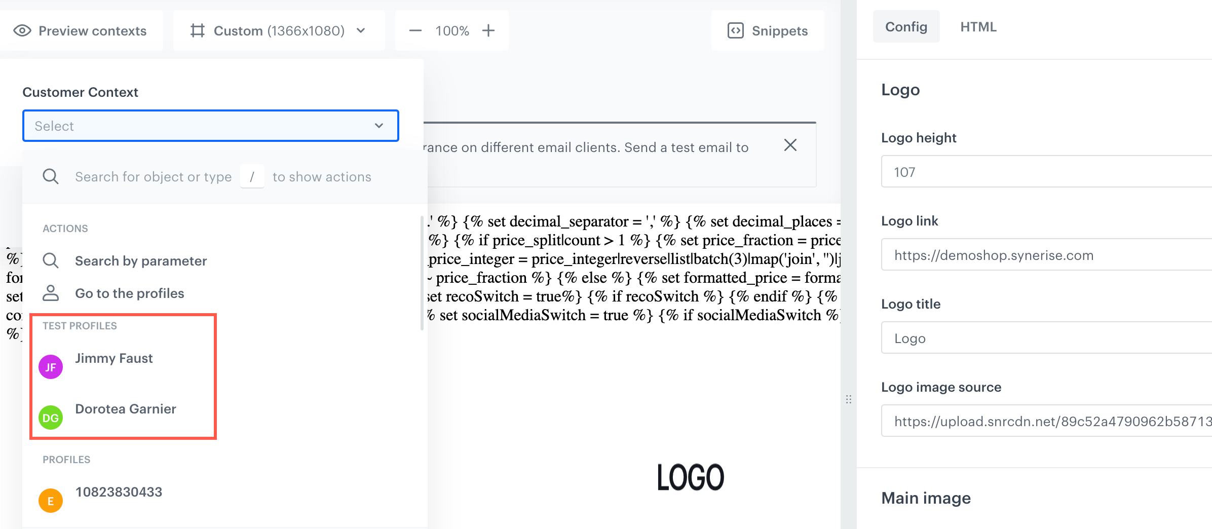 The preview context option is available in the left upper corner in the code editor of any message type in type