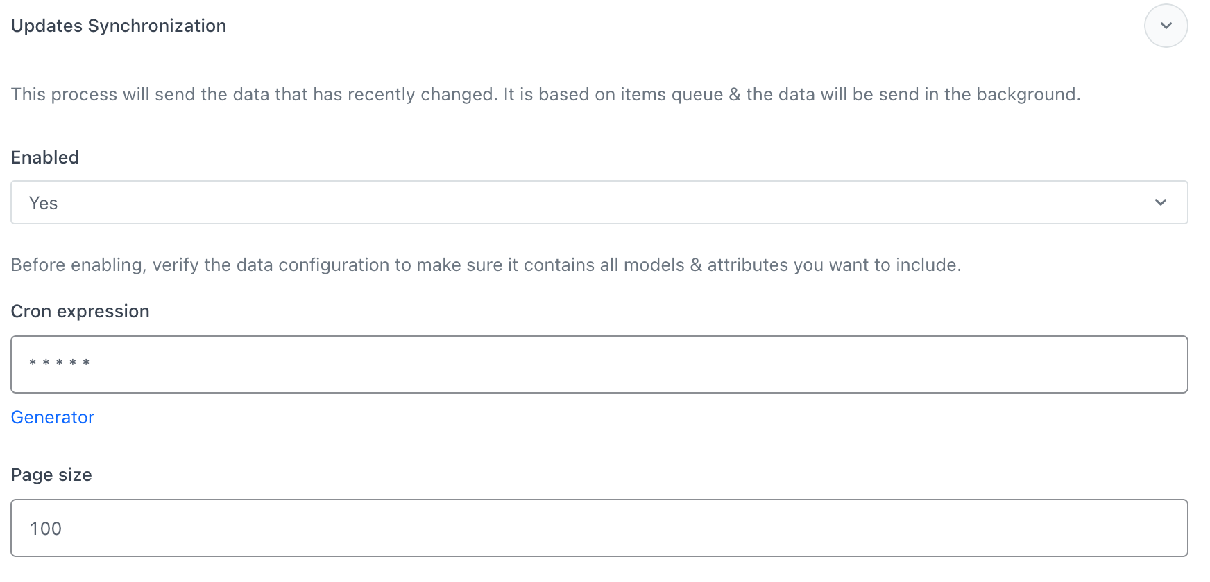 The configuration of the Update Syncrhonization subsection