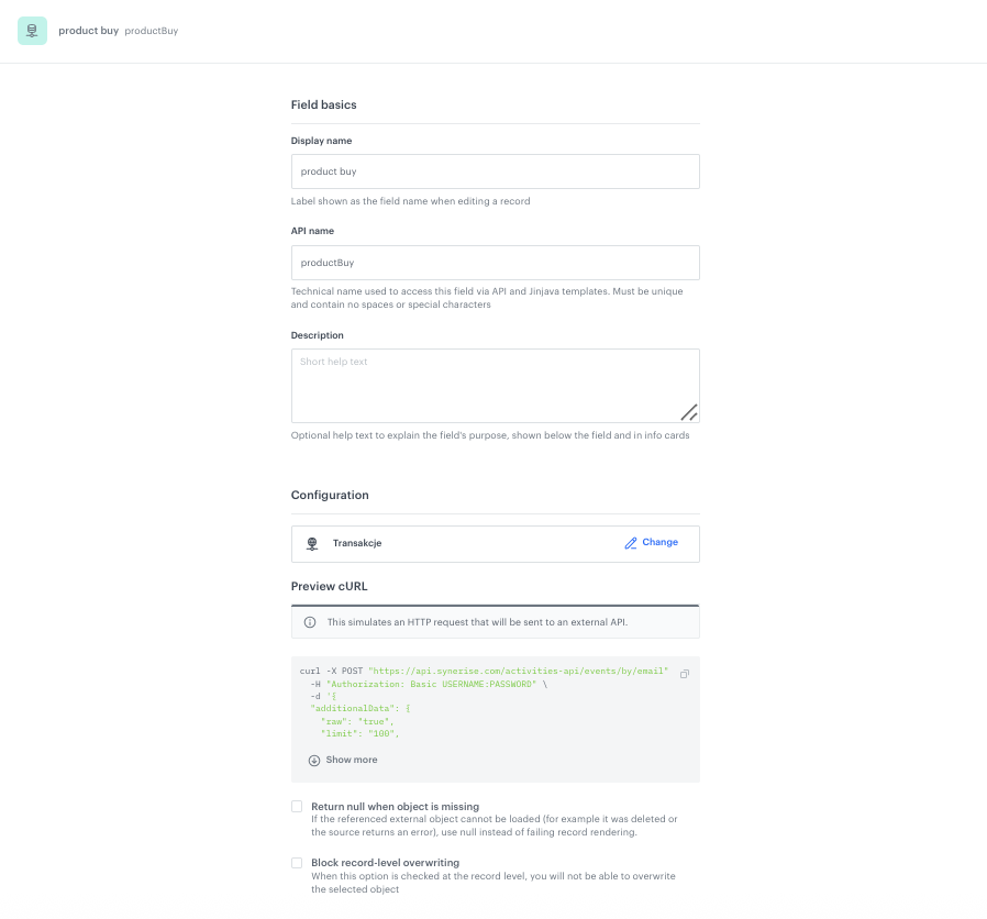 Configuration of the product buy external data field in the Brickworks schema