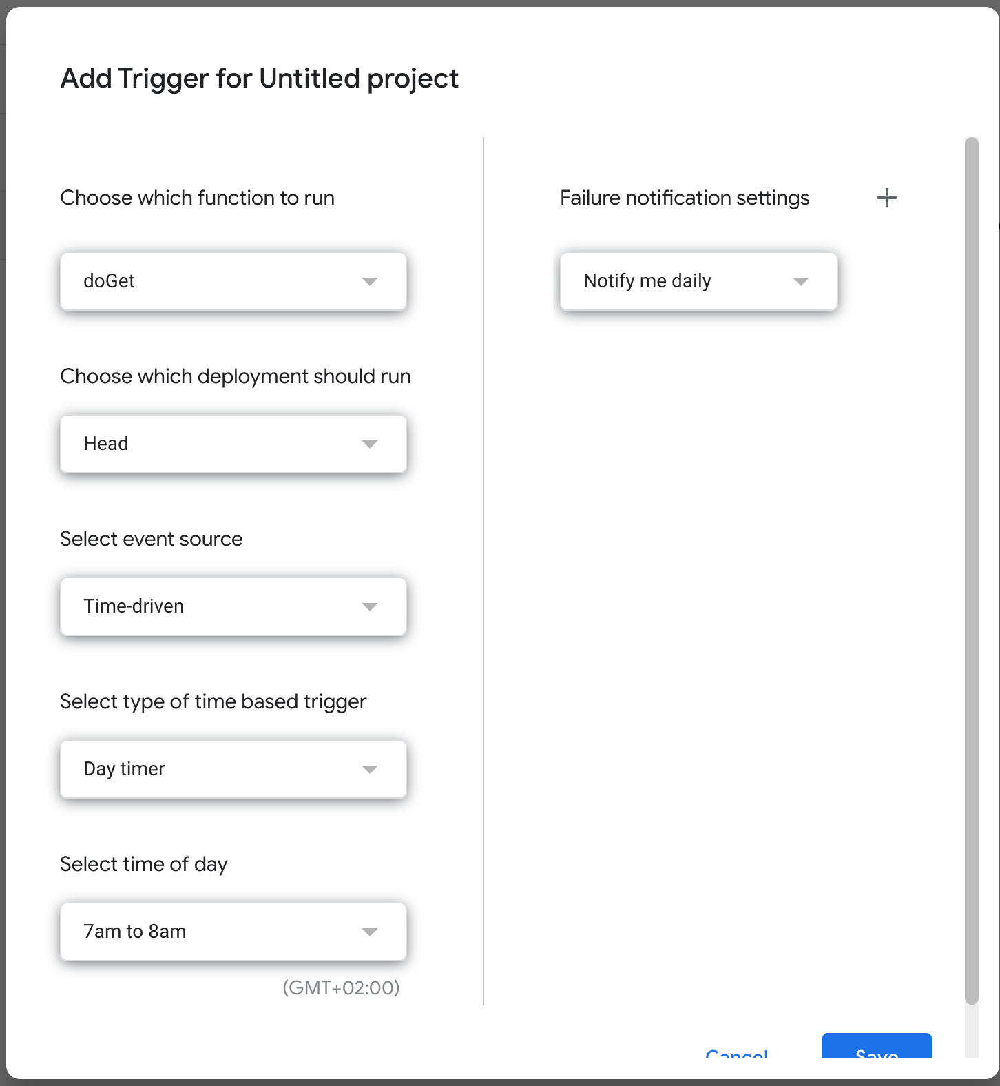 The view of Time trigger configuration in Apps Script