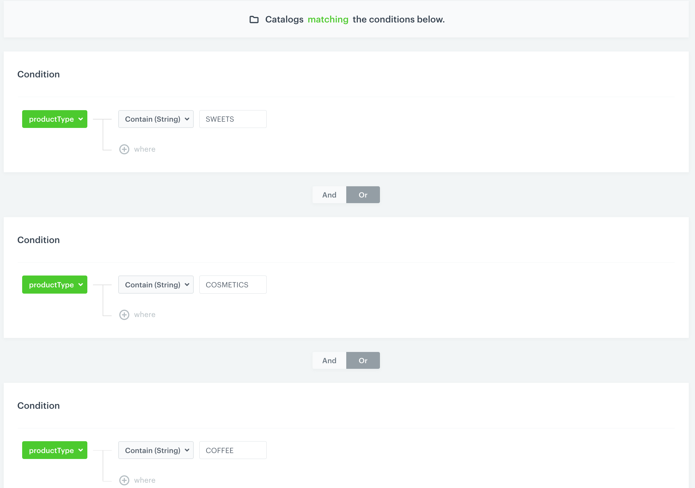 Example of a catalog filter with products from specific categories