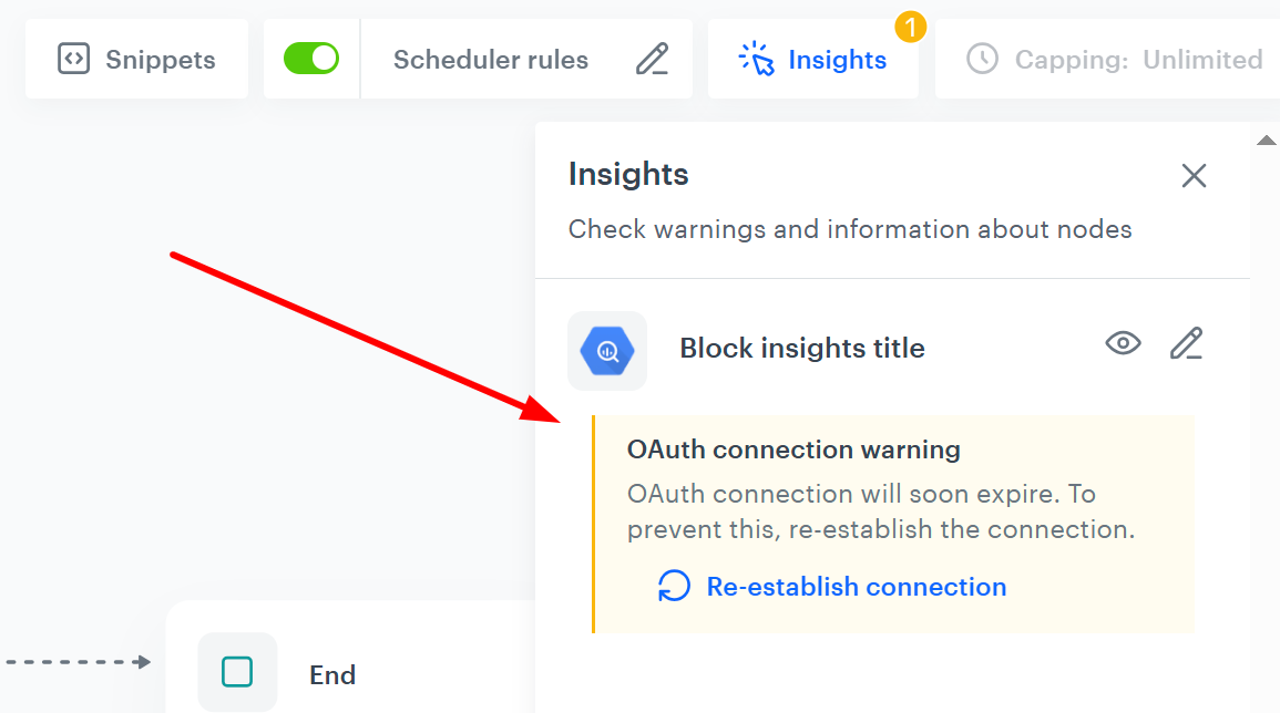 Token expiration warning in the Insights tab in a workflow