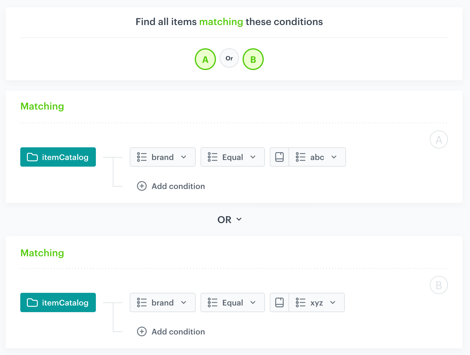 Screenshot of an item filter that matches one of two brands