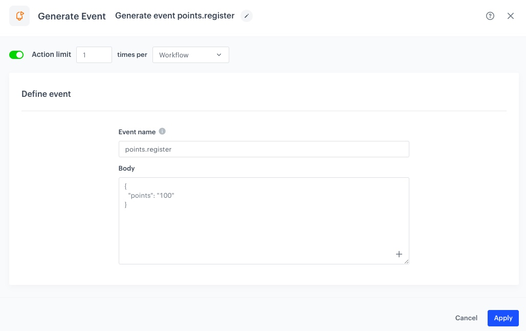 The view of the Generate Event node configuration