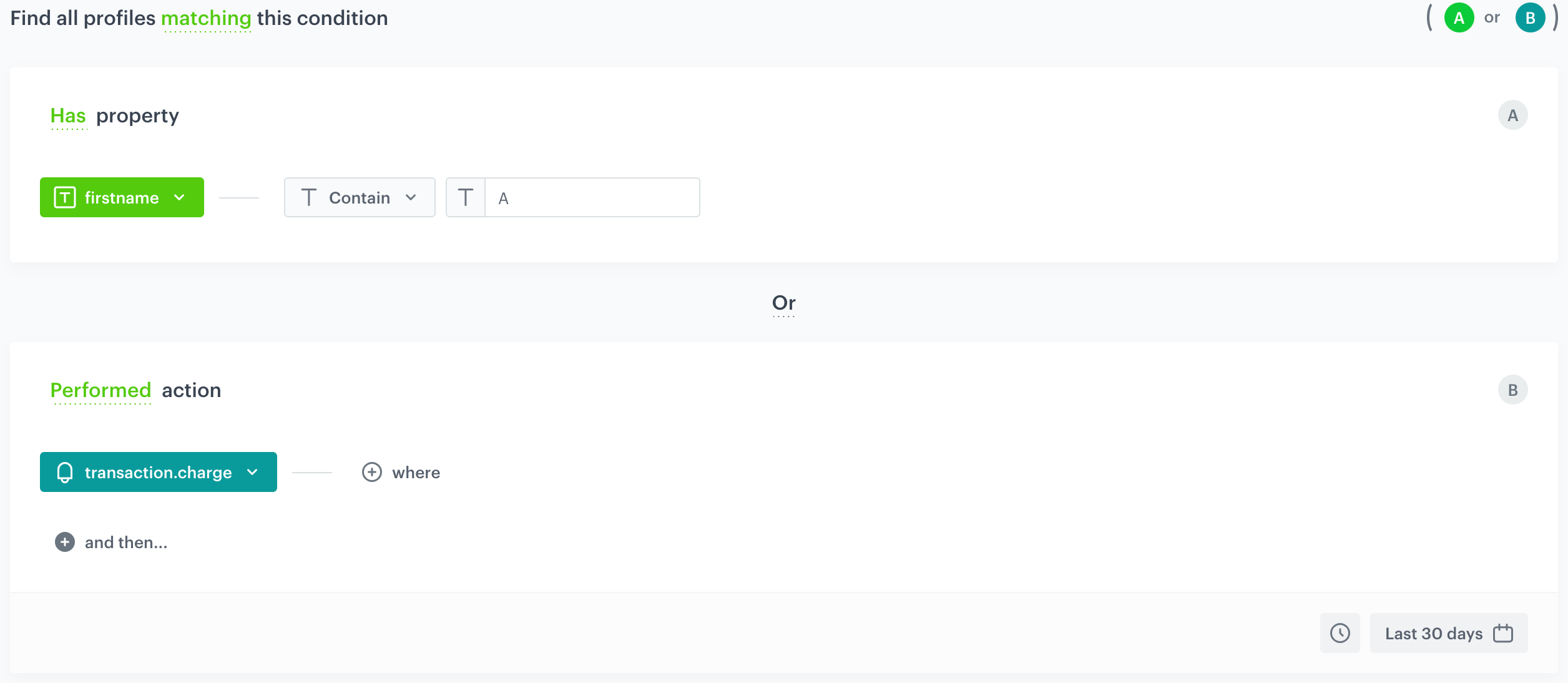 Decision Hub segmentation configuration showing alternative (OR) conditions