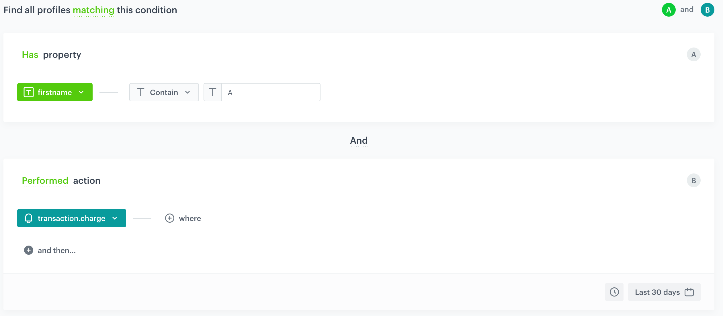 Decision Hub segmentation configuration showing conjunction (AND) conditions