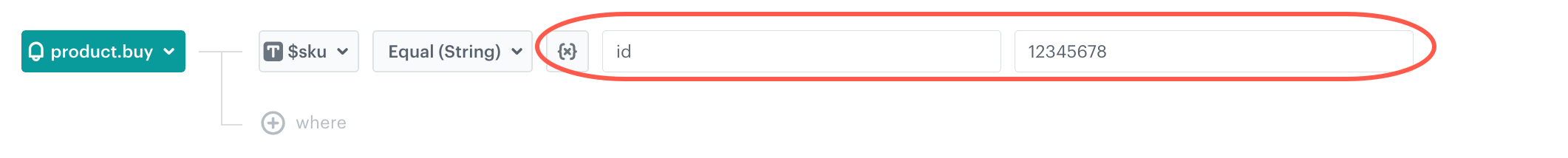 The marked area on the screen presents the dynamic key value selected in a metric condition. In this example the $sku parameter must be equal to the value of the id dynamic key (default is 12345678)