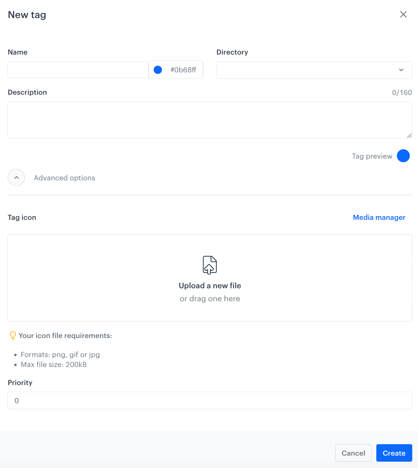 A blank tag configuration form